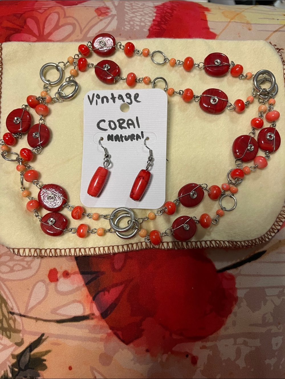 Handmade Coral Bead Necklace and Earrings Set - Red & Peach